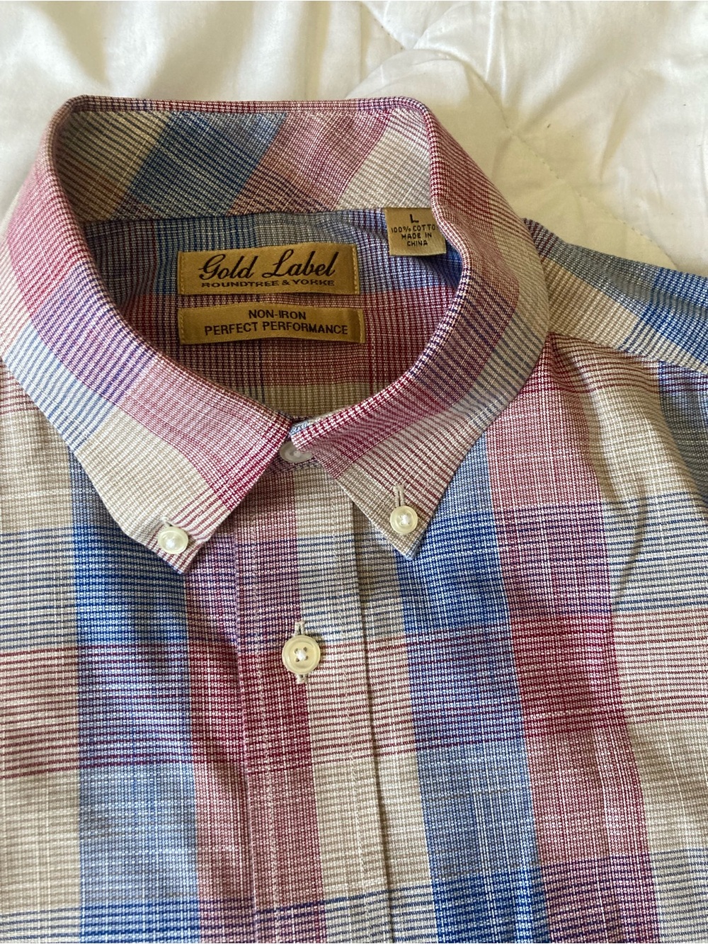 Roundtree & Yorke Gold Label Men’s Large Plaid Button Down Shirt 100% Cotton